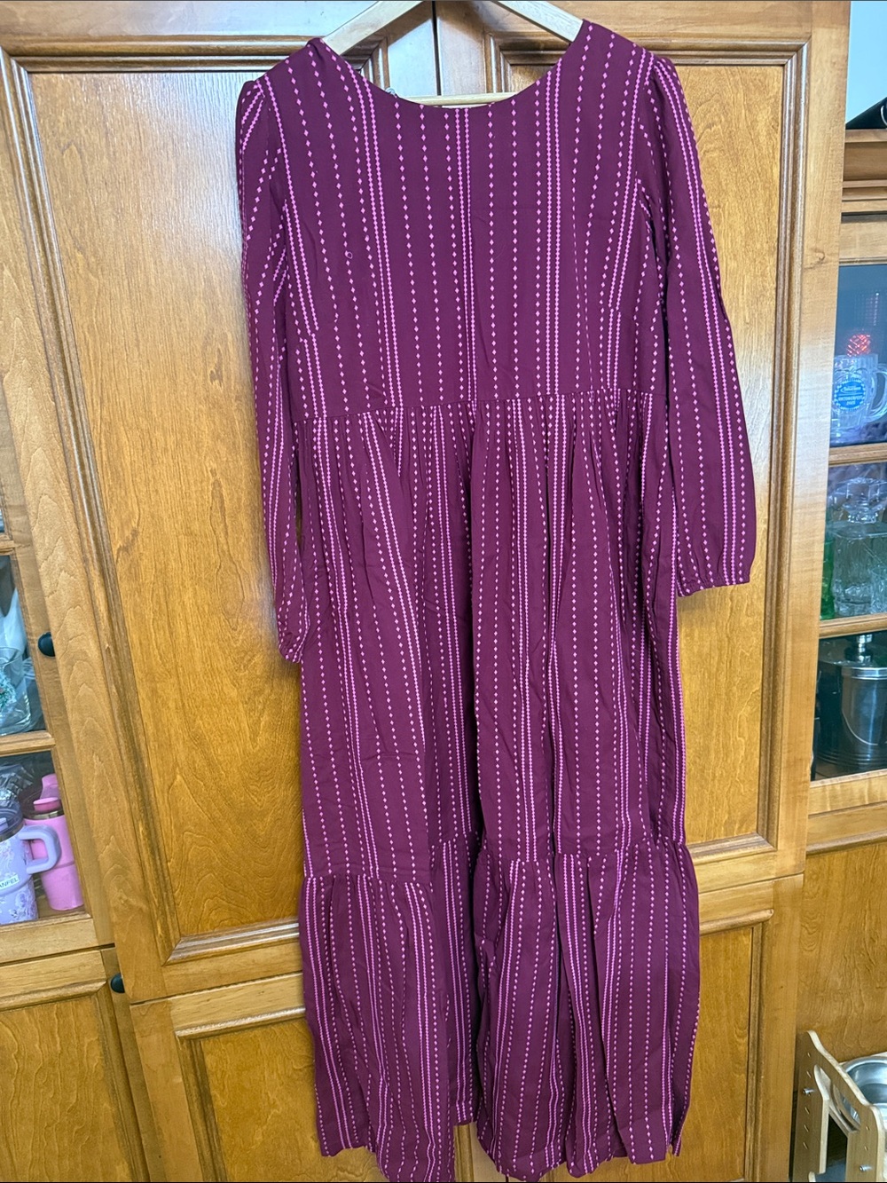 Hatch Collection Burgundy Pinstripe Long Sleeve Tiered Maxi Dress
